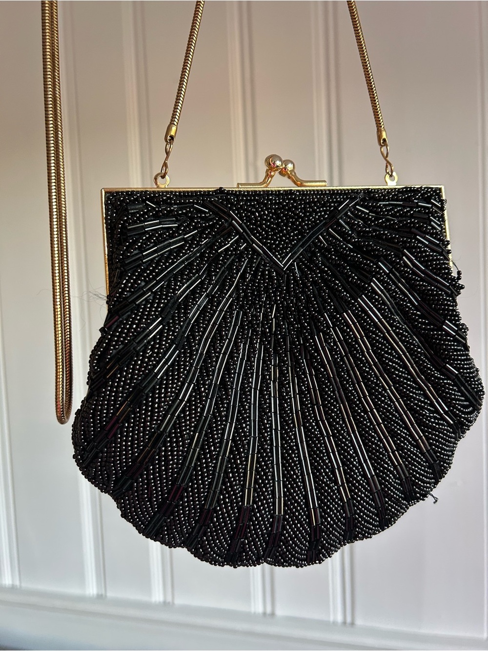 Vintage Andre Cellini Black Beaded Evening Clutch with Gold Kiss Lock